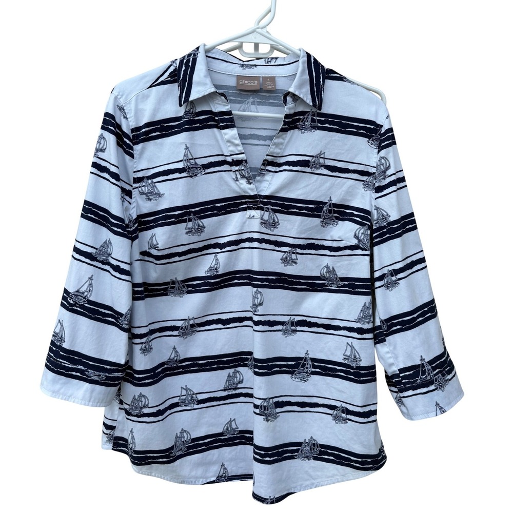 Chicos Womens Nautical Sailboat Striped Top Navy White 3/4 Sleeve Size 1 M Flaws